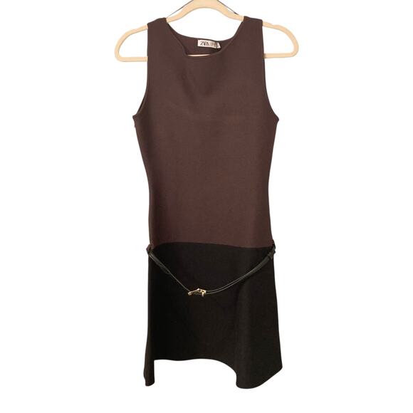 Zara Brown & Black Color-Block Belted Sleeveless Mini Dress Size Small NWT - Picture 1 of 11